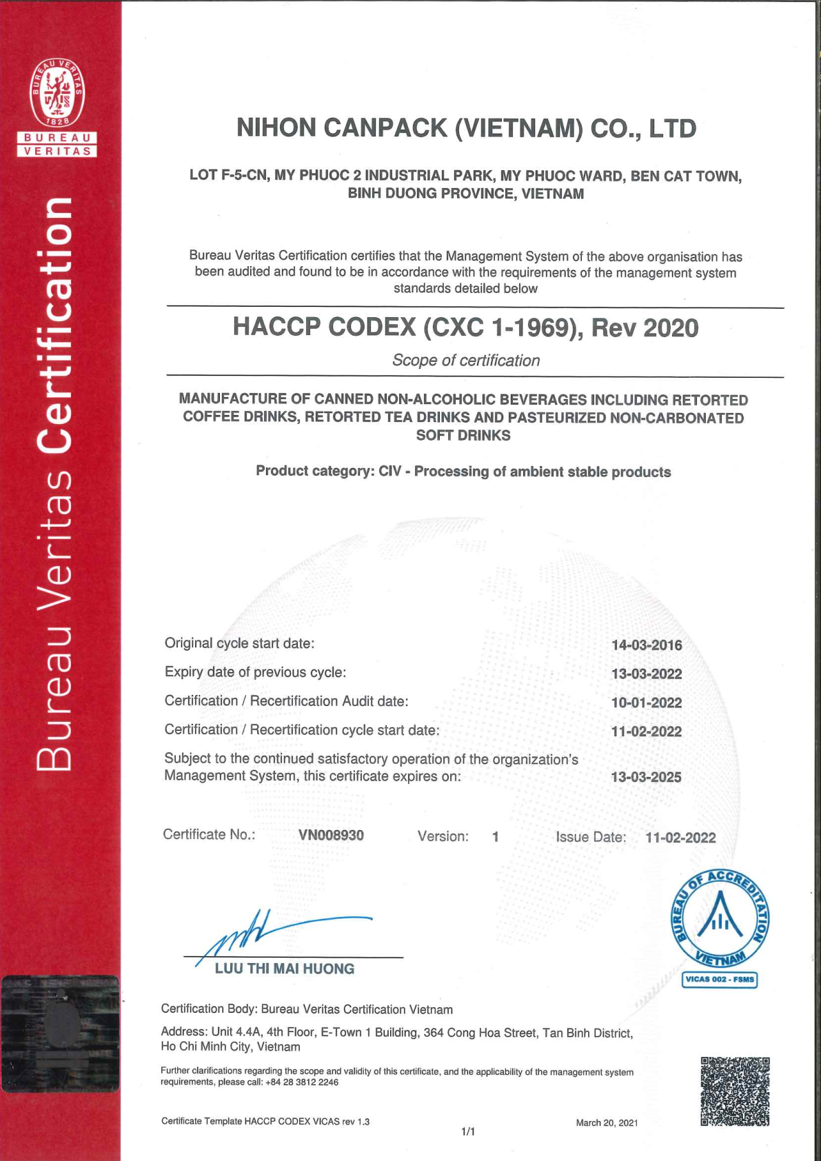 Certificate HACCP CODEX