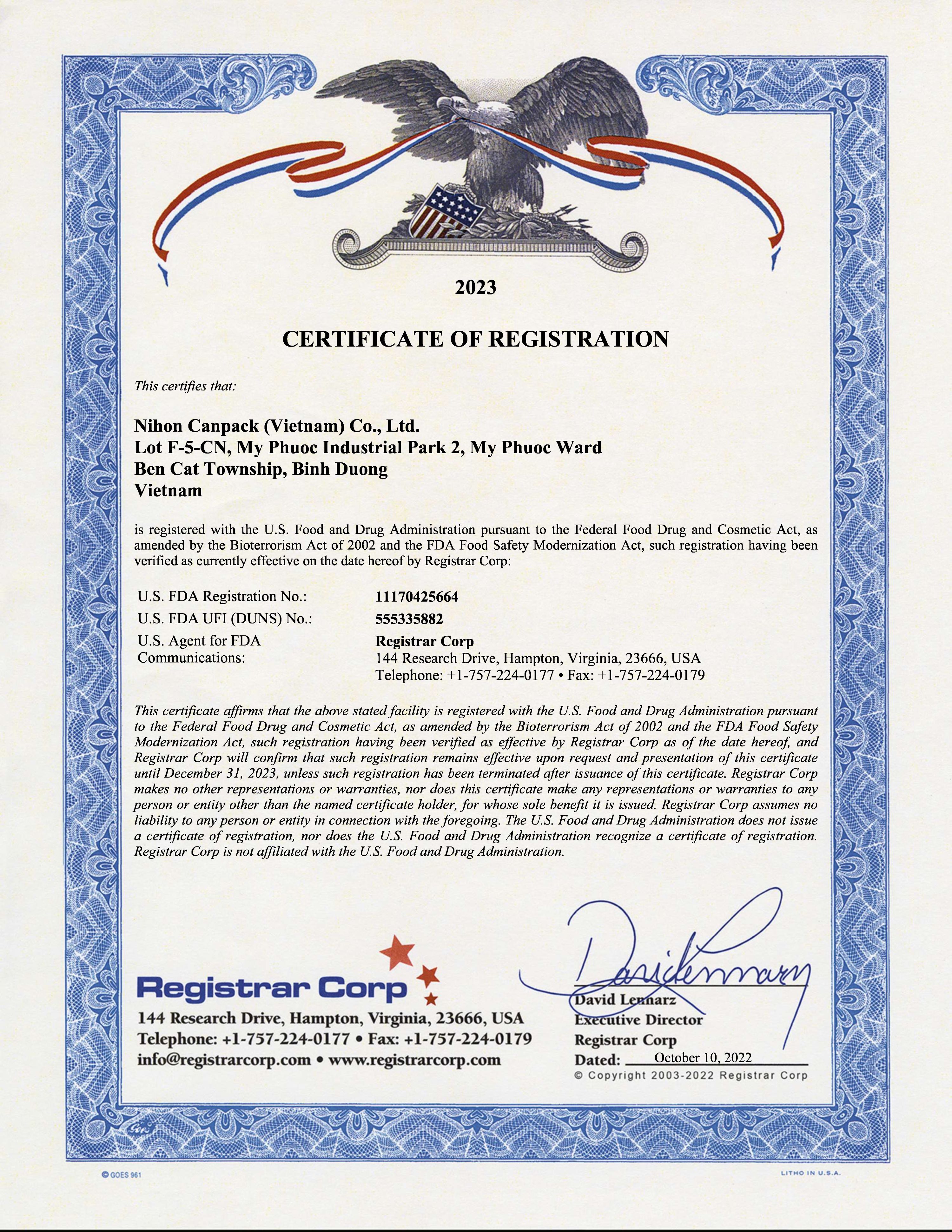 Certificate of Registration with U.S. Food and Drug Administration 2023