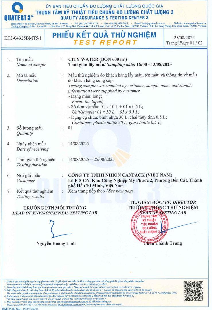 Phiếu kết quả thử nghiệm - Trang 1 bản khác